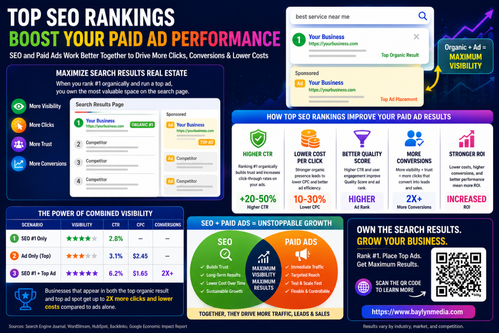 SEO and paid advertising infographic showing how top organic rankings and PPC ads work together to increase search visibility, clicks, trust, conversions, and ROI.