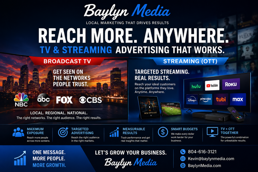 Baylyn Media offers all forms of TV marketing including mobile phone video marketing as well as broadcast TV marketing. We offer wholesale rates so call us today.
