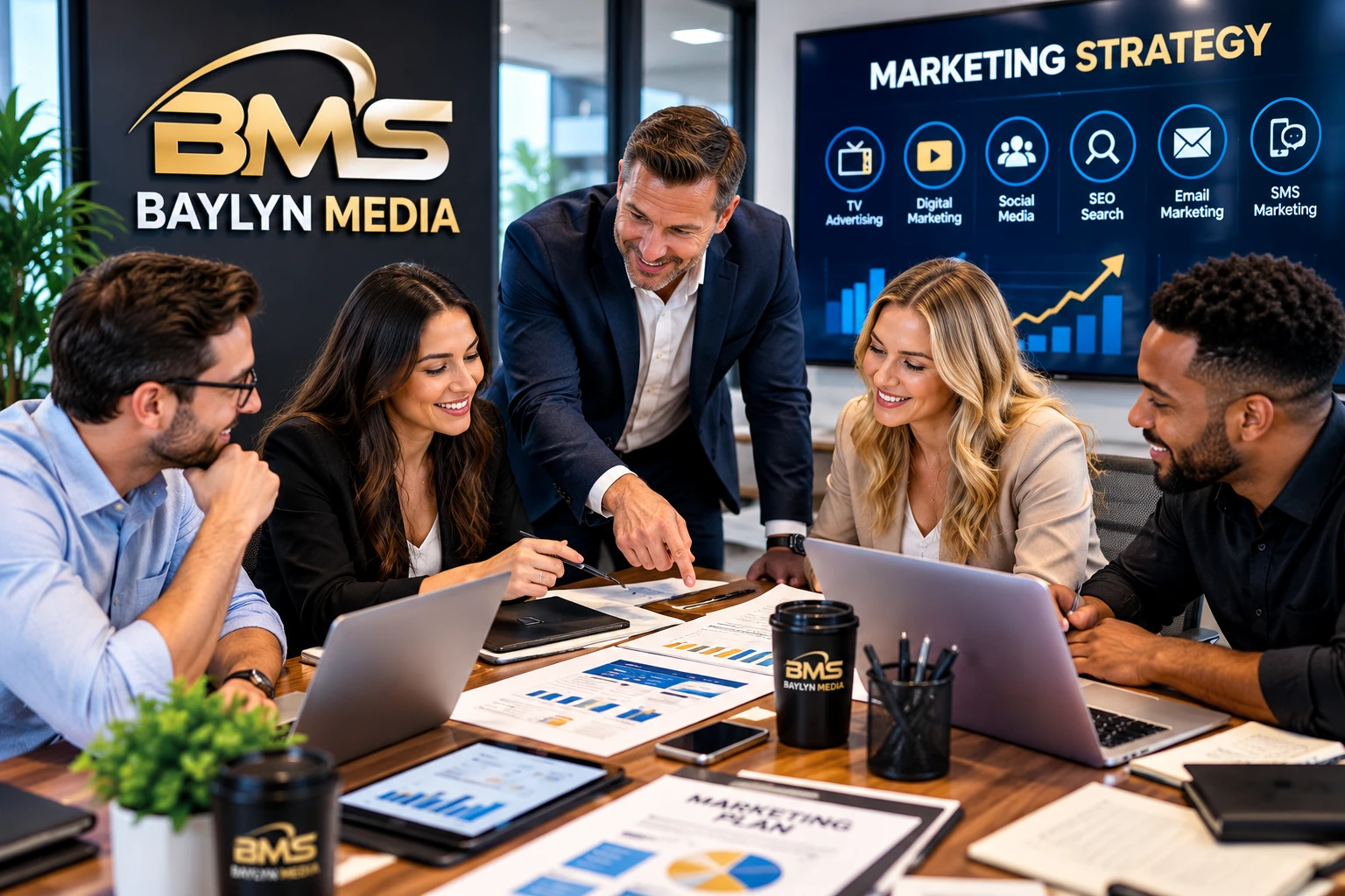 Baylyn Media marketing agency team collaborating on digital advertising, TV, social media, SEO, email and SMS marketing strategies.