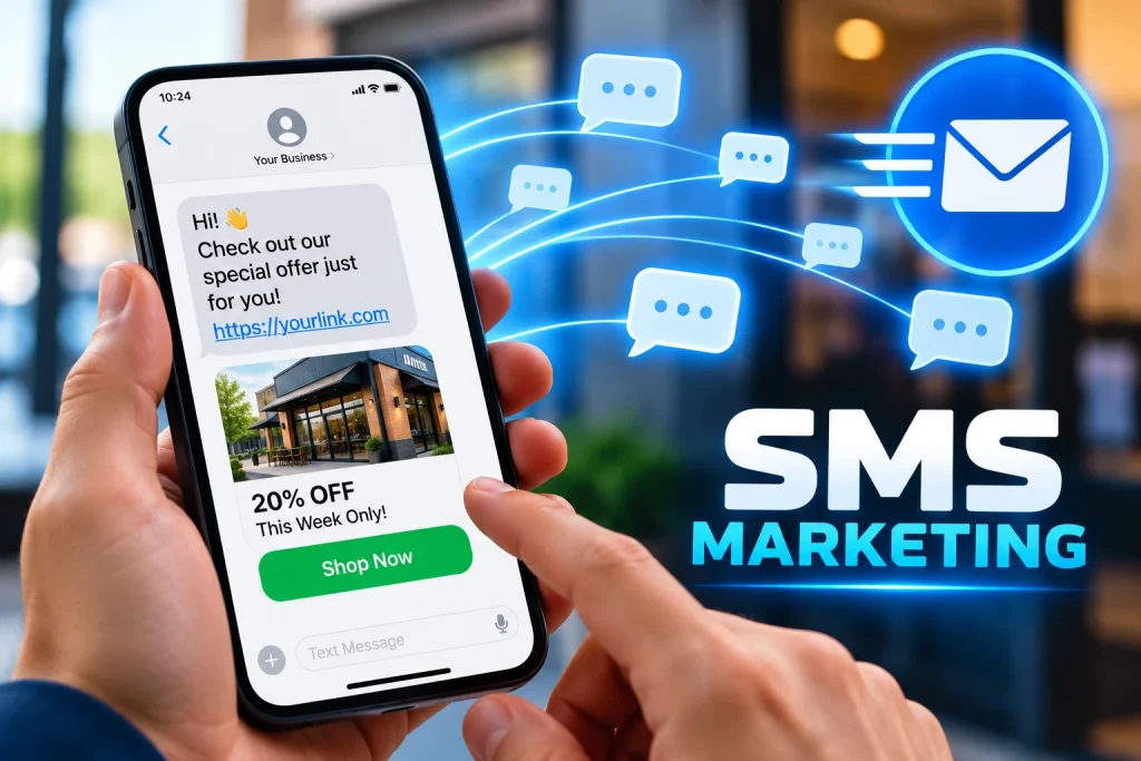SMS marketing services showing a promotional text message sent to a customer's smartphone.