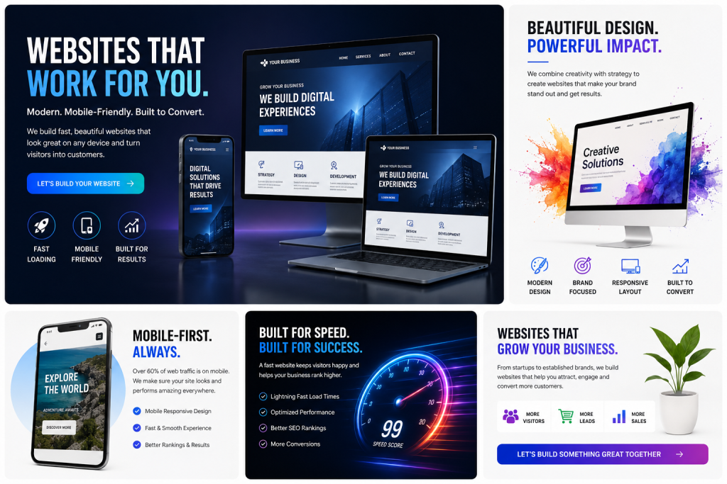 Modern custom website design and development showing responsive desktop, laptop and mobile websites built for speed, SEO, conversions and business growth.
