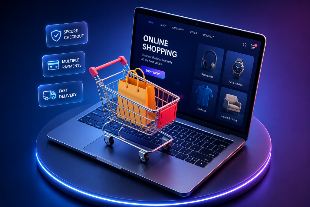 Modern e-commerce website design featuring an online store, shopping cart, secure checkout, multiple payment options and fast delivery.