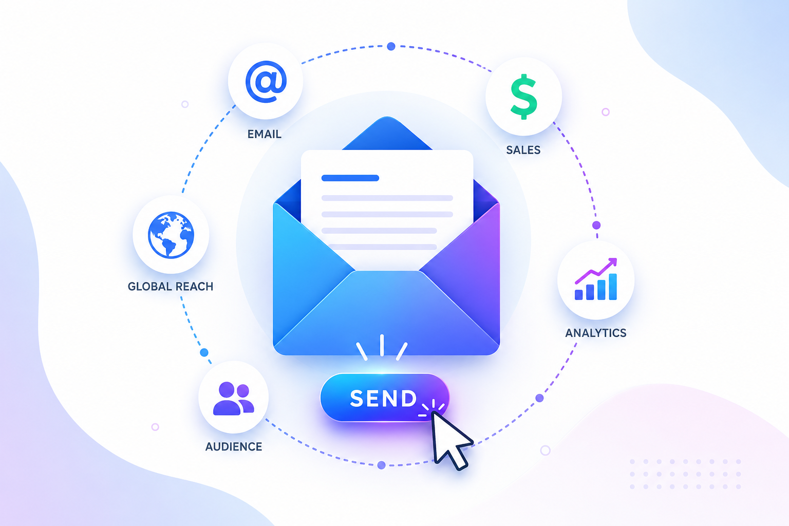 Modern email marketing graphic showing targeted audiences, global reach, campaign analytics, customer engagement and sales growth.