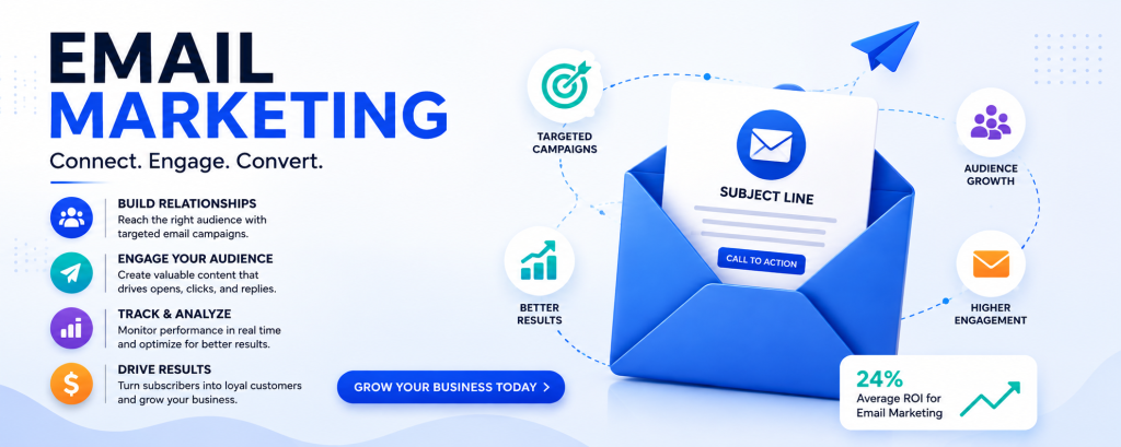Email marketing services graphic showing targeted campaigns, audience growth, customer engagement, analytics and business growth.