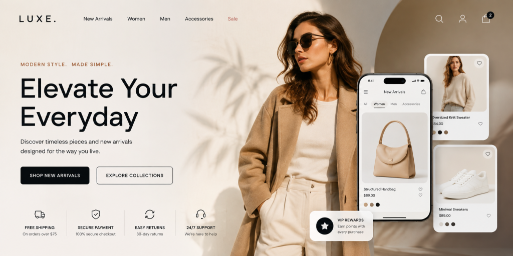 Modern e-commerce website design featuring responsive mobile shopping, product displays, secure payments, easy returns and online store functionality.