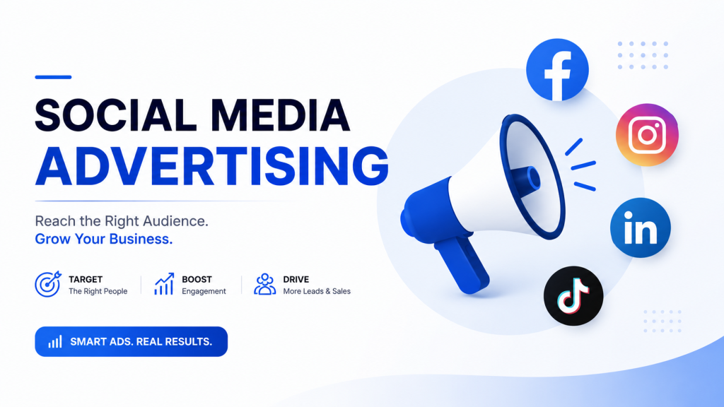 Modern social media advertising graphic featuring Facebook, Instagram, LinkedIn and TikTok marketing for audience targeting, engagement and lead generation.